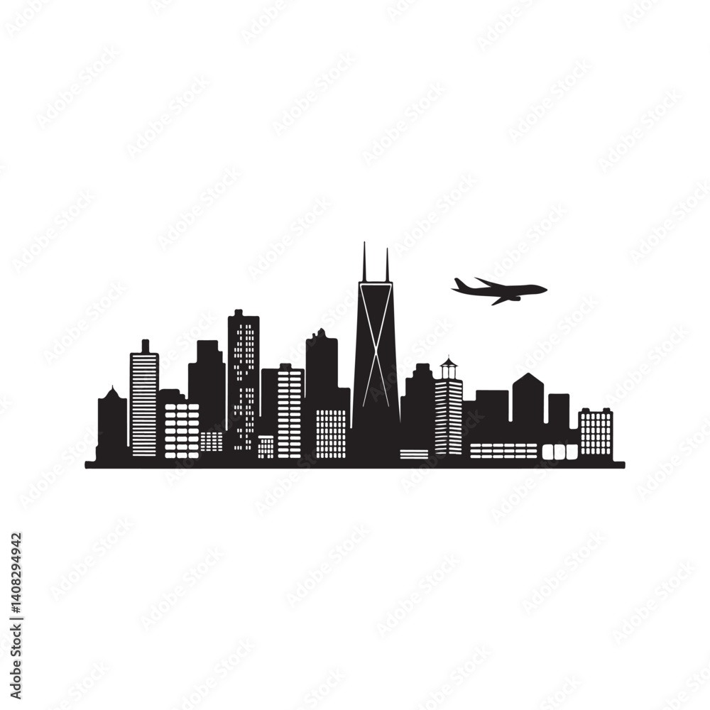 Fototapeta premium Chicago Skyline Silhouette with Airplane.A simple, black and white silhouette of the Chicago skyline, featuring iconic skyscrapers and a commercial airplane in flight.