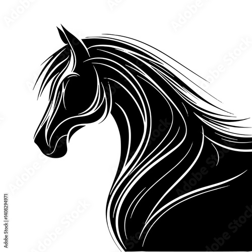 Elegant silhouette of a horse head with flowing mane, black, majestic equine illustration on a white background