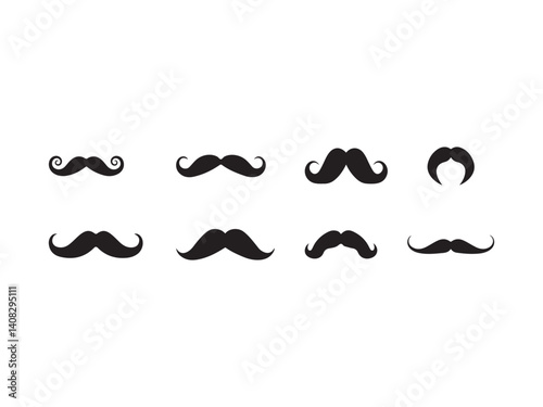 Collection of Different Mustache Styles.A set of various mustache shapes, including classic, curly, and others, presented on a plain white background.
