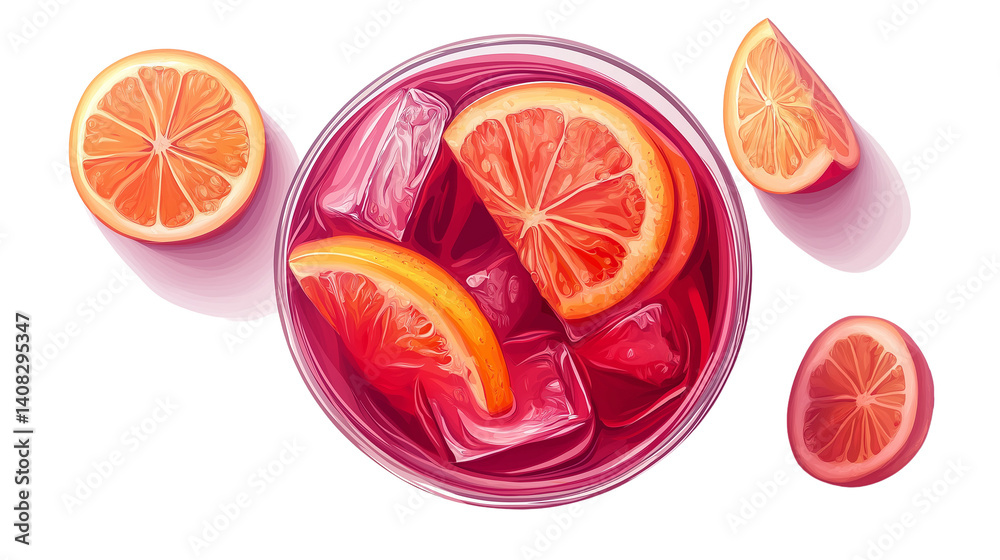 Sangria in a glass with visible fruit slices, red liquid, top view, photorealistic PNG Sangria in a glass with visible fruit slices, red liquid, top view, photorealistic PNG