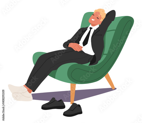 Young businessman cartoon character feeling relaxed sitting on comfortable chair isolated on white