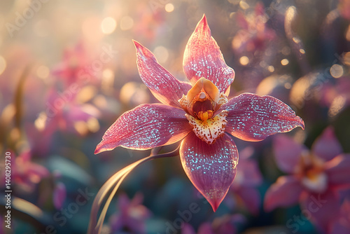 Radiant pink orchid blossoms bathed in morning light.