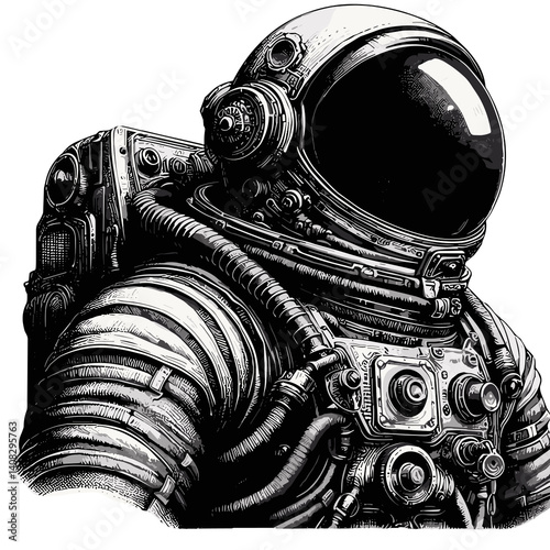 Detailed engraving of an astronaut, black and white, space explorer illustration against a white background