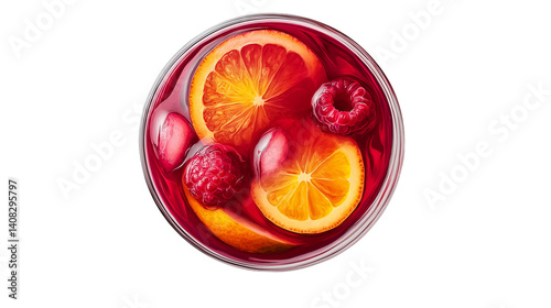 Sangria in a glass with visible fruit slices, red liquid, top view, photorealistic PNG 
