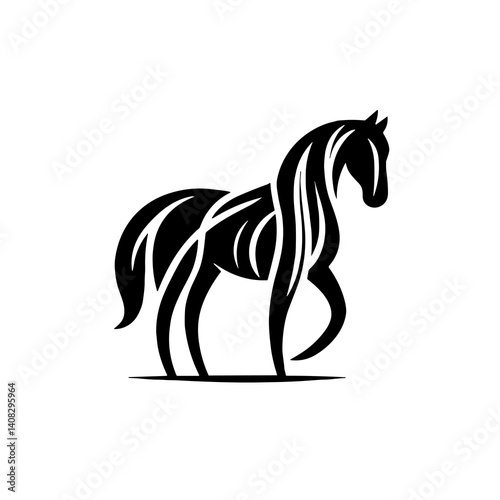 Stylized silhouette of a horse, black, powerful equine illustration on a white background with copy space