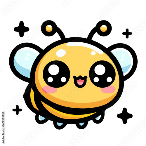 Delightful cartoon bumblebee with large eyes, yellow and black with blue wings, buzzing insect on a white background with sparkles
