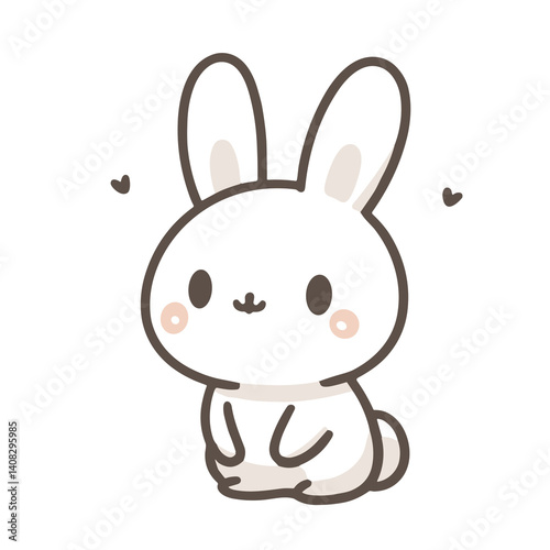 Charming cartoon rabbit with heart details, white and brown with pink cheeks, affectionate bunny character on a white background