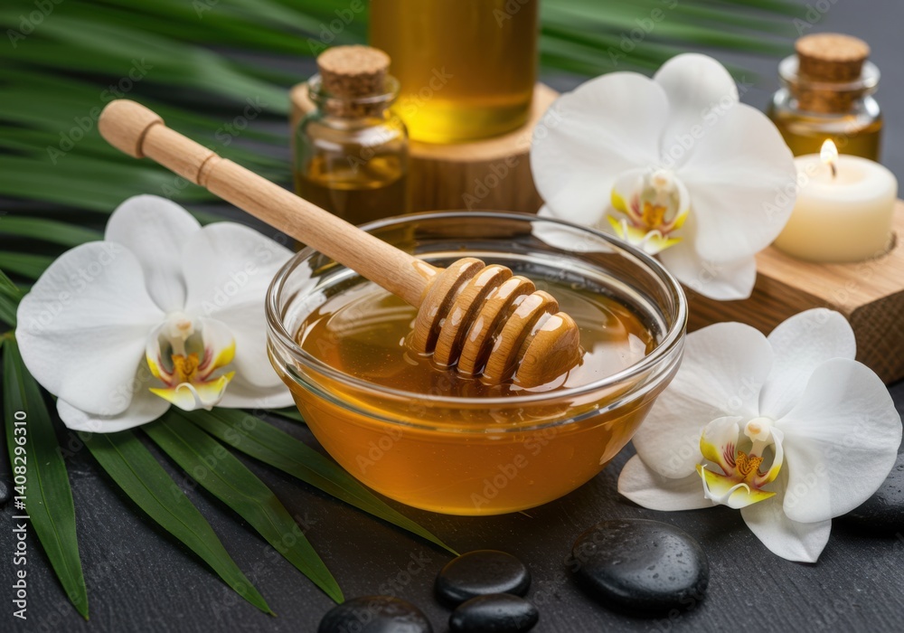 Still life with honey, flowers and spa elements Still life with honey, flowers and spa elements