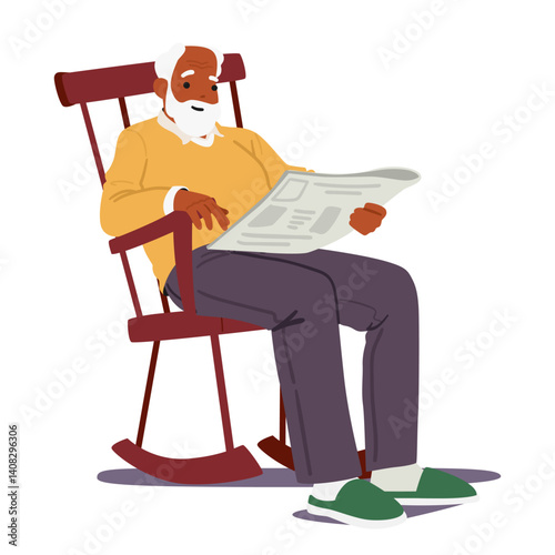 Relaxed senior man cartoon character reading newspaper sitting on rocking chair isolated on white