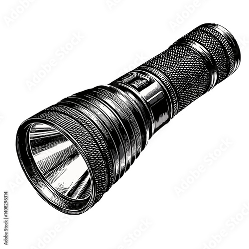 Detailed illustration of a flashlight, black and white, portable lighting device against a white background with copy space