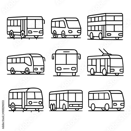 Set of 9 Bus Icons in Minimalist Line Art Style