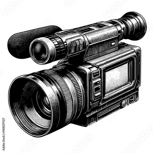 Detailed engraving of a video camera, black and white, professional recording equipment against a white background with copy space