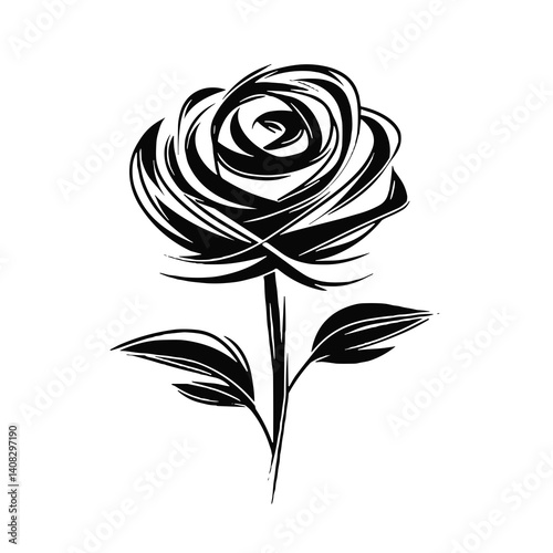 Stylized drawing of a rose, black and white, floral design element on a white background with copy space