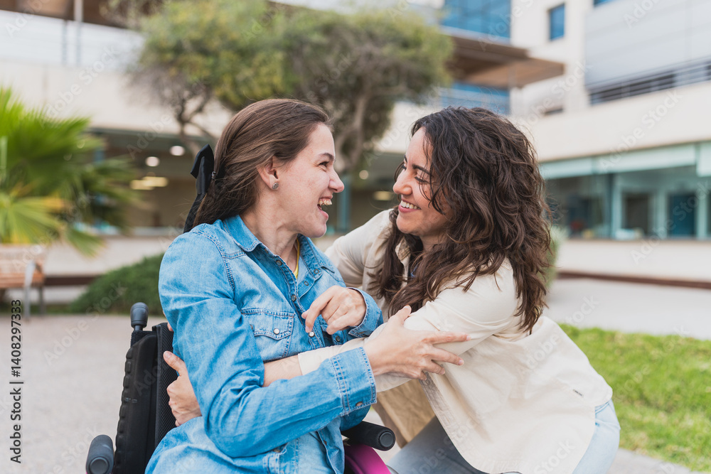Fototapeta premium Young woman with cerebral palsy shares laugh with caregiver - Patient in wheelchair smiles joyfully with supportive assistant outdoors. Concept of cerebral palsy.