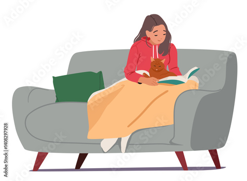 Teenage girl cartoon character reading book sitting under blanket with cat pet on home sofa