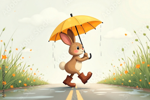 Charming illustration of a happy bunny holding a yellow umbrella, wearing brown boots, strolling on a wet path during the rain. Greenery and flowers frame the scene. Vector illustration