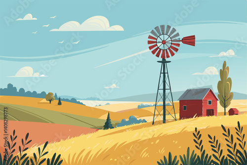 A picturesque windmill, its sails gracefully turning, stands majestically in a sun-drenched farm field.  Background details are crucial.