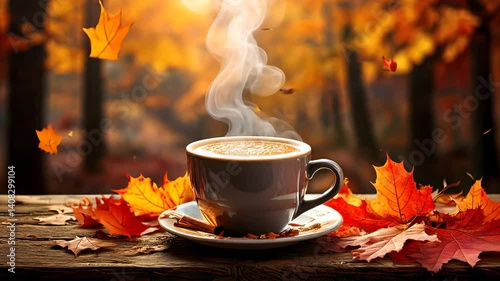 Cozy Fall Vibes: Steaming Coffee Cup with Colorful Maple Leaves