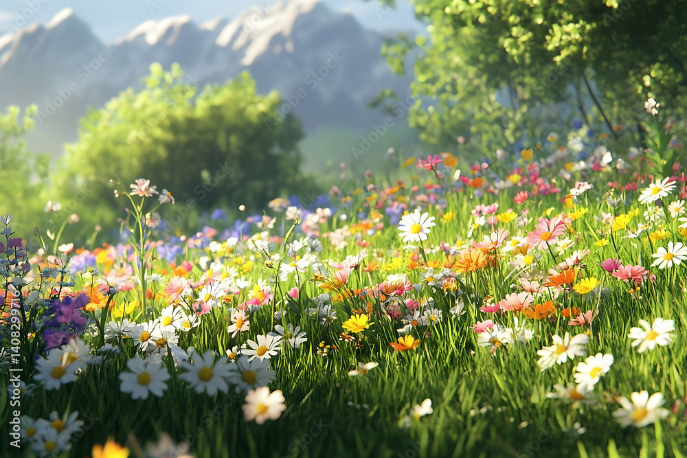Fototapeta premium A vibrant meadow bursts with colorful wildflowers.