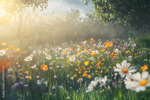 Fototapeta Naklejka Na Ścianę i Meble -  Sunlight filters through a vibrant meadow of wildflowers.