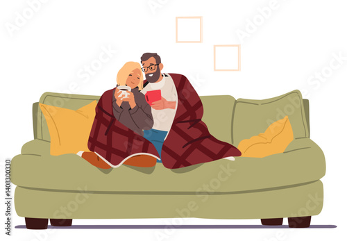 Happy family couple characters drinking hot beverages hugging together while sitting on home sofa