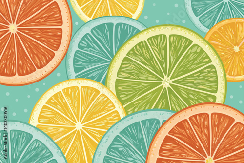 Vibrant, bold pattern featuring juicy slices of oranges, lemons, and limes.  A fresh, zesty design ideal for backgrounds or textiles.
