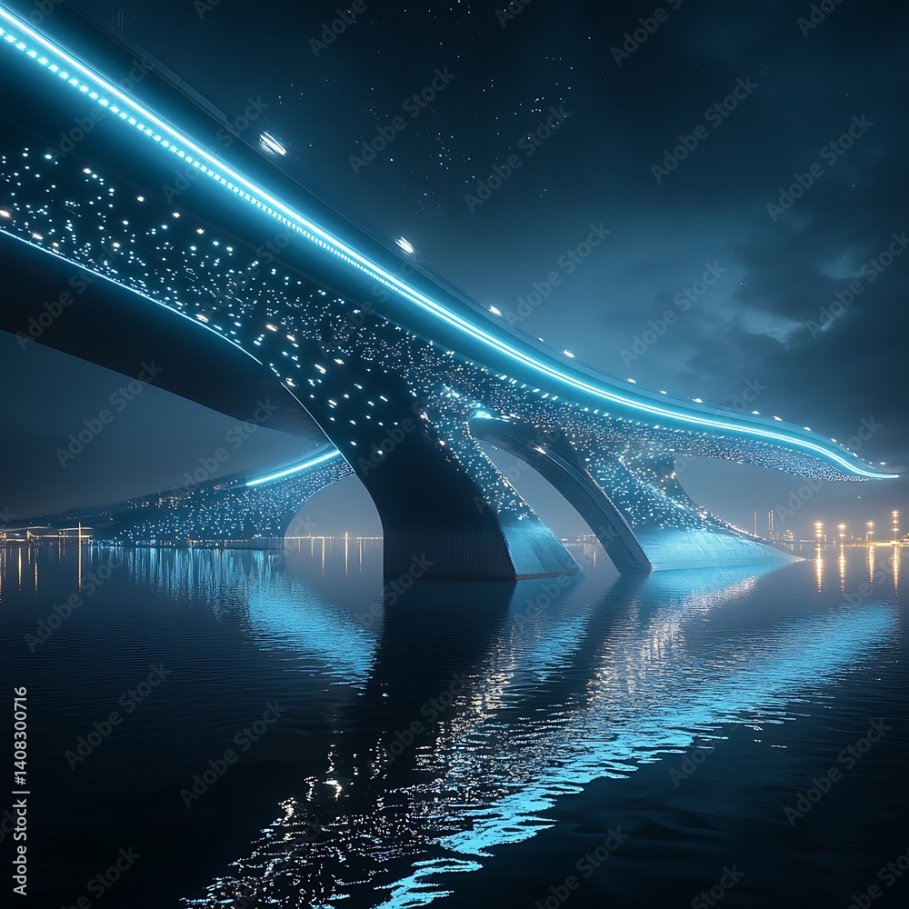 Urban futuristic bridge illuminated with LED lights glowing in city high resolution picture