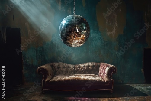 A vintage velvet sofa sits beneath a disco ball in a dimly lit, grunge-style room.