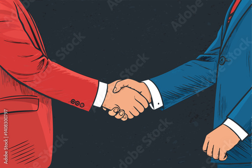 Powerful handshake between two smiling politicians; back view;  formal attire; political meeting; agreement.