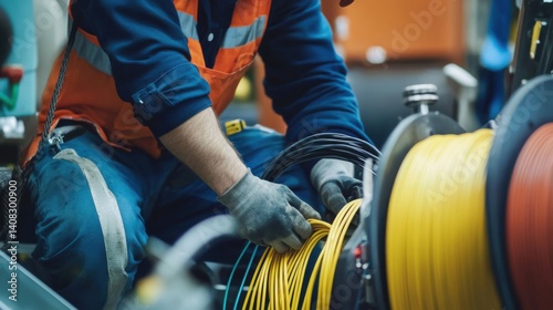 Cable installer pulling fiber optic cables through conduit. Featuring technical skill and precision