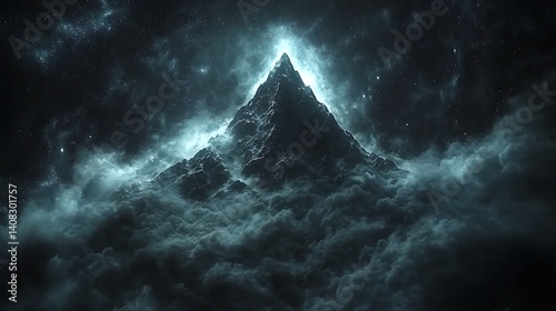 Majestic mountain peak piercing a stormy, ethereal sky.