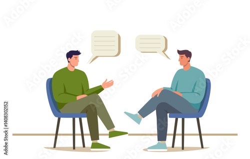 Men discussing, talking, arguing, giving interview. Two men sitting in chairs opposite each other, speech bubbles. Flat design vector illustration on white background