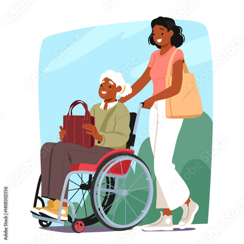 Social worker with elderly woman in wheelchair on walk providing assistance service cartoon scene