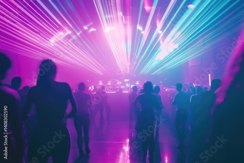 Silhouetted figures dance in a nightclub bathed in vibrant pink and blue laser lights.