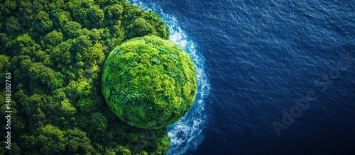 Aerial View of Lush Green Planet Earth, Half Covered by Ocean