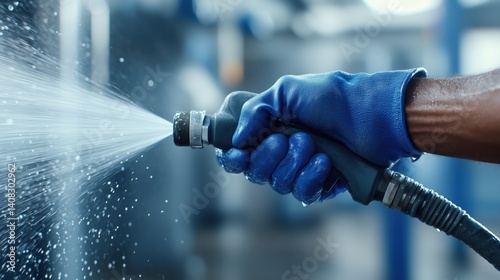 Worker cleaning using high pressure water jet in industrial facility