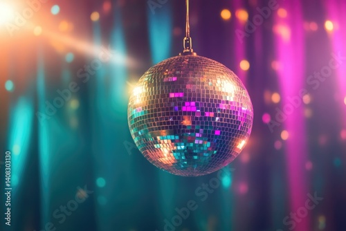 A disco ball hangs in a dimly lit space, reflecting vibrant colors and creating a festive atmosphere.