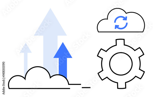 Cloud with upward arrows, sync icon, and gear convey progress, synchronization, and technology. Ideal for innovation, data integration, software development, automation scalability cloud computing