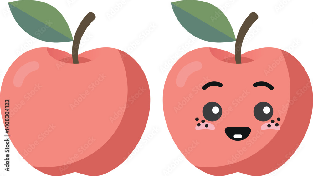 Fototapeta premium Red apple with kawaii eyes. Flat design vector illustration of red apple.