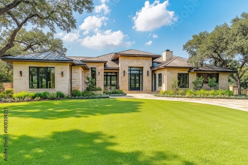 Luxury modern home with stone exterior, metal roof, and expansive green lawn.