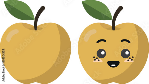 Yellow apple with kawaii eyes. Flat design vector illustration of yellow apple.
