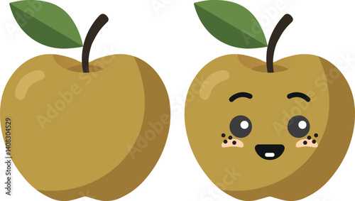 Yellow apple with kawaii eyes. Flat design vector illustration of yellow apple.
