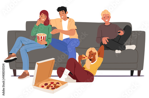 Happy overjoyed friends cartoon characters watching movie eating snacks together sitting on sofa