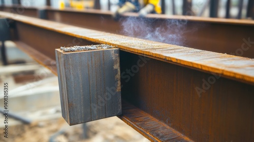 Ironworker welding steel beams on a construction site. Featuring skill and safety