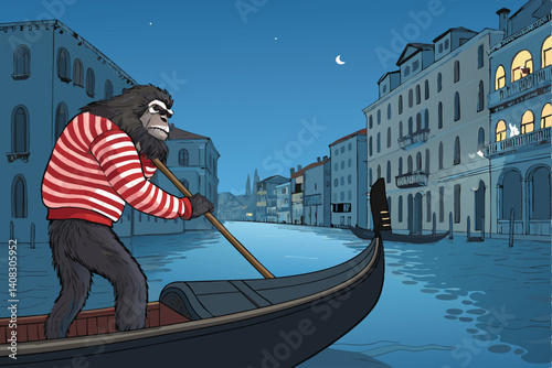 A whimsical cartoon gorilla, viewed from behind, enjoys a gondola ride in Venice, Italy.  Detailed illustration.