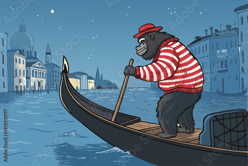 A whimsical cartoon gorilla, wearing a jaunty hat, enjoys a gondola ride in Venice, Italy; view from the back.
