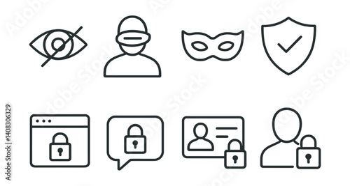Set of privacy and security icons: hidden eye, disguised face, mask, shield, locked icons.