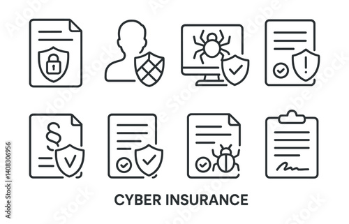 Line style icons of cyber insurance: insurance document, risk profile, breach coverage, claim icon, legal shield, policy terms, incident report, contract icon.