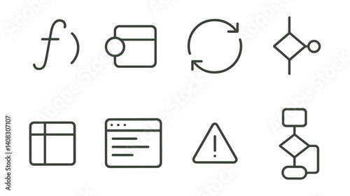 Line vector icons of programming logic: function symbol, variable block, loop structure, conditional icon, data type, IDE window, syntax error, algorithm path.