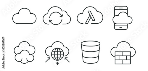 Line vector icons of cloud services: cloud icon, cloud sync, serverless function, cloud app, multi-cloud, CDN service, storage bucket, cloud firewall.
